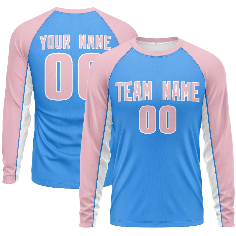 Custom Powder Blue Light Pink Crew Neck Raglan Long Sleeve Performance T-Shirt