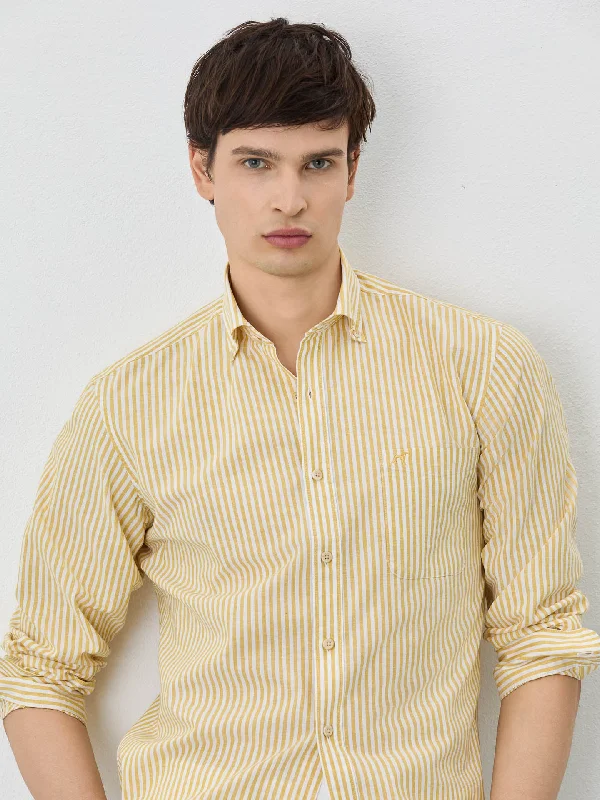 Slim Fit Shirt With Button Down Collar In Cotton-linen Blend With Stripes