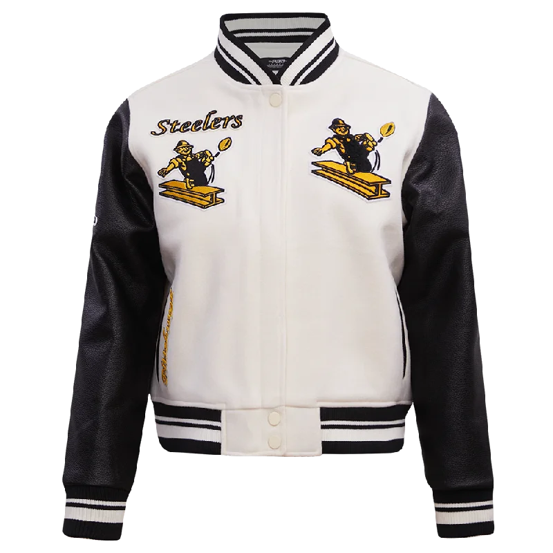 NFL PITTSBURGH STEELERS RETRO CLASSIC WOMEN'S RIB WOOL VARSITY JACKET (EGGSHELL/ BLACK)