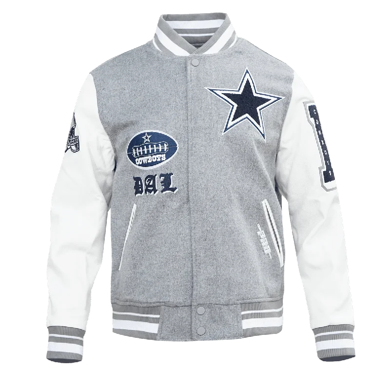 NFL DALLAS COWBOYS OLD ENGLISH WOOL MEN'S VARSITY JACKET (HEATHER GREY/WHITE/MIDNIGHT NAVY)