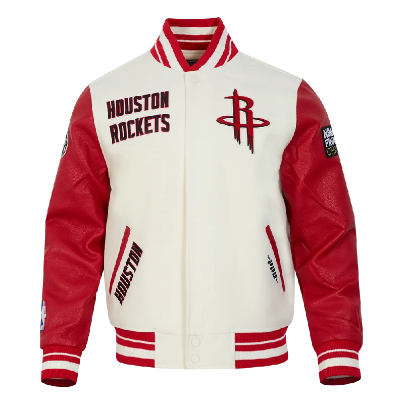 NBA HOUSTON ROCKETS RETRO CLASSIC MEN'SS RIB WOOL VARSITY JACKET (EGGSHELL/ RED)