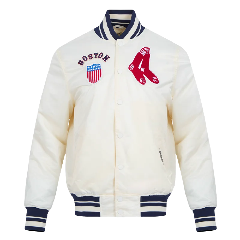 MLB BOSTON RED SOX RETRO CLASSIC MEN'S RIB SATIN JACKET (EGGSHELL/MIDNIGHT NAVY)