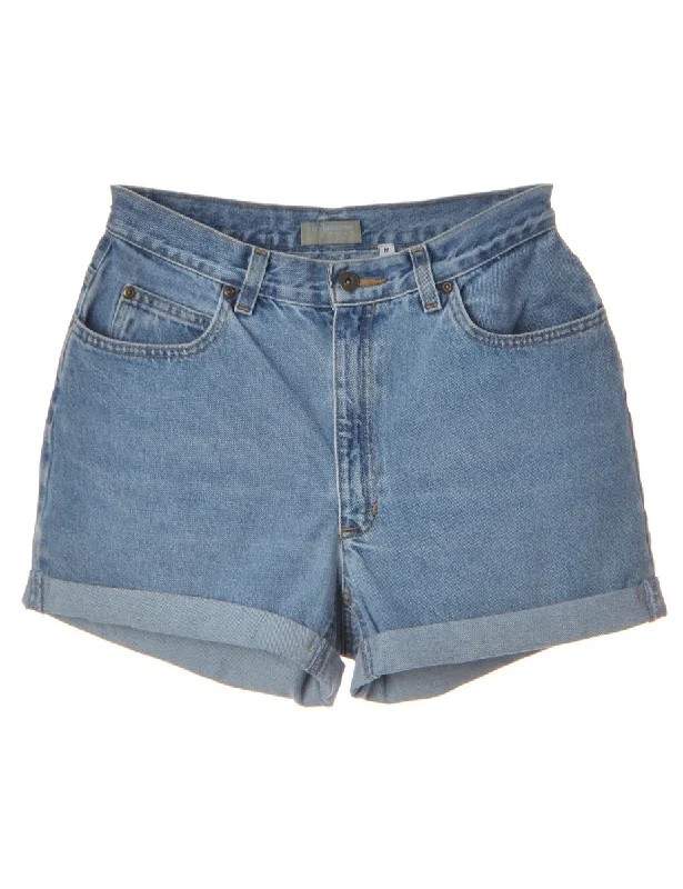 Label Rolled Hem Medium Wash Denim Shorts