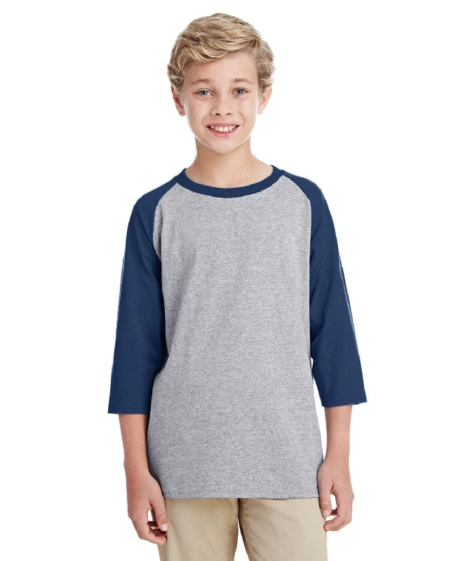 Gildan Youth Heavy Cotton 3/4-Raglan Sleeve T-Shirt | Sport Grey/ Navy