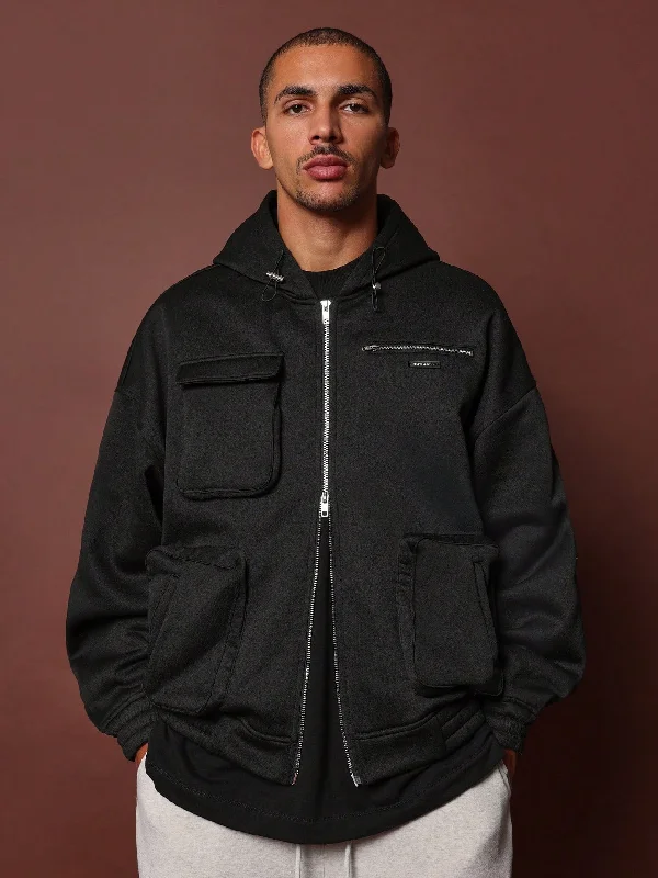 Oversized Zip Through Utility Hoodie With Exposed Pockets