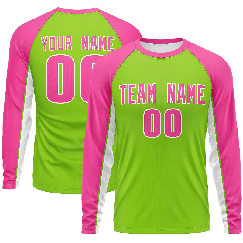 Custom Neon Green Pink Crew Neck Raglan Long Sleeve Performance T-Shirt