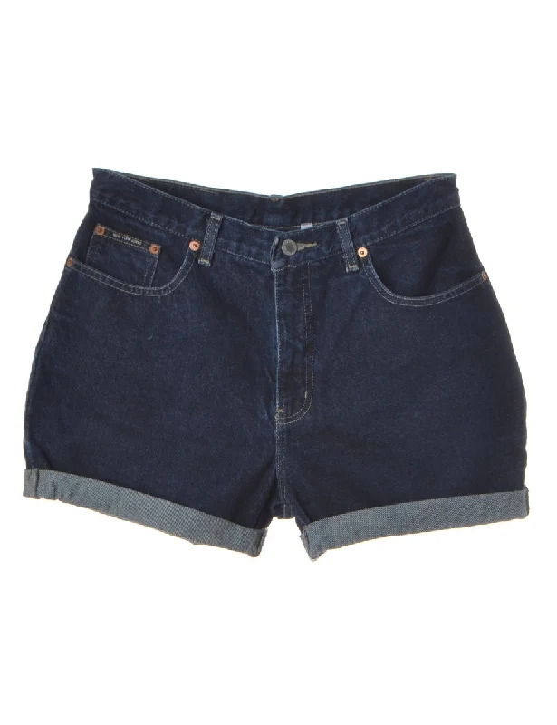 Label Rolled Hem Indigo Denim Shorts