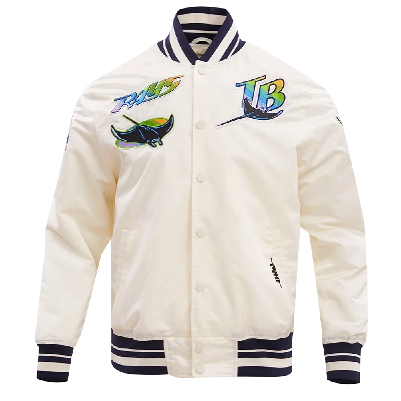 MLB TAMPA DEVIL RAYS RETRO CLASSIC MEN'S RIB SATIN JACKET (EGGSHELL/ MIDNIGHT NAVY)