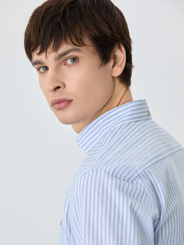 Slim Fit Shirt With Chest Pocket In Cotton-linen Blend With Stripes