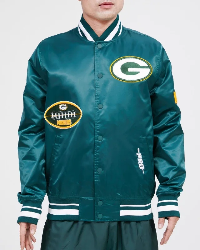 NFL GREEN BAY PACKERS OLD ENGLISH MEN'S SATIN JACKET (FOREST GREEN)