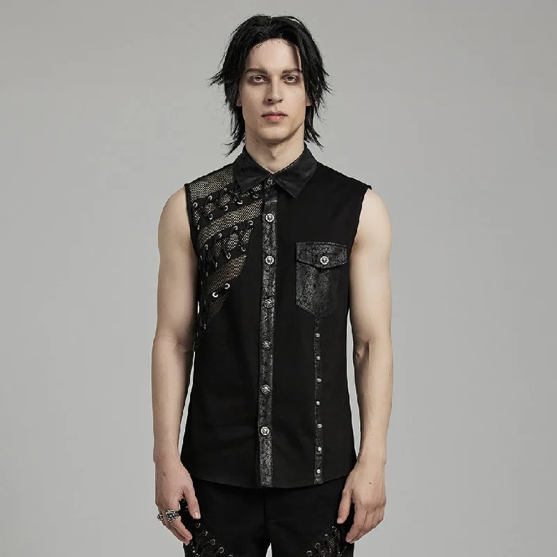 Men's Punk Strappy Mesh Splice Faux Leather Vest