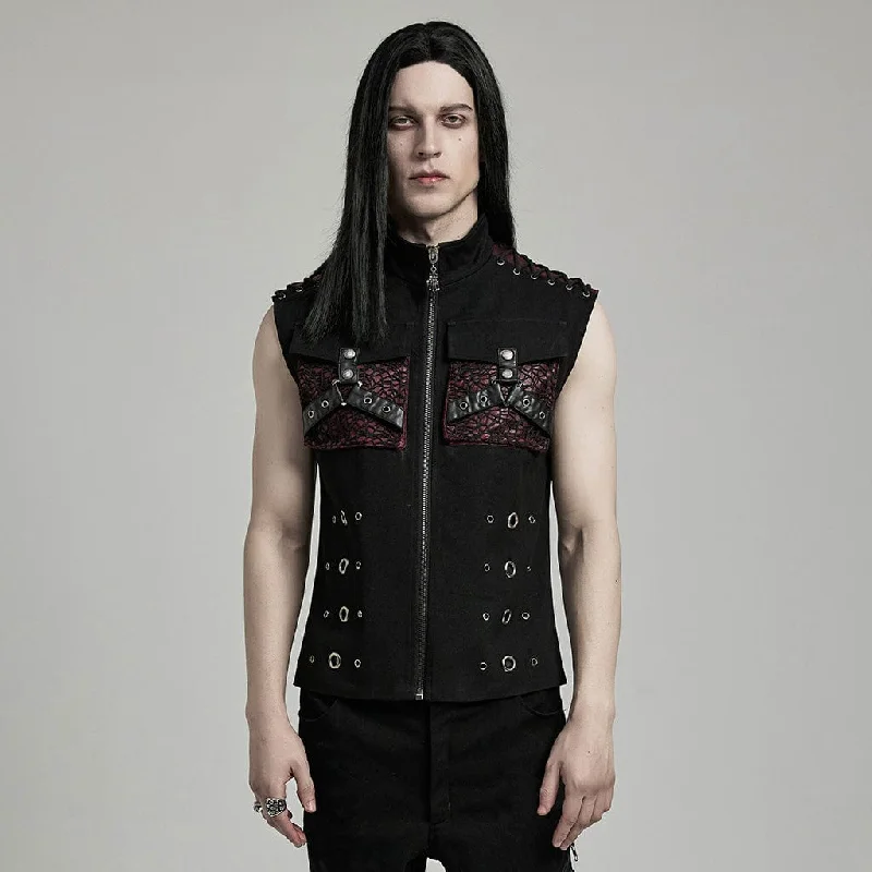 Men's Punk Faux Leather Big-pocket Black Red Vest