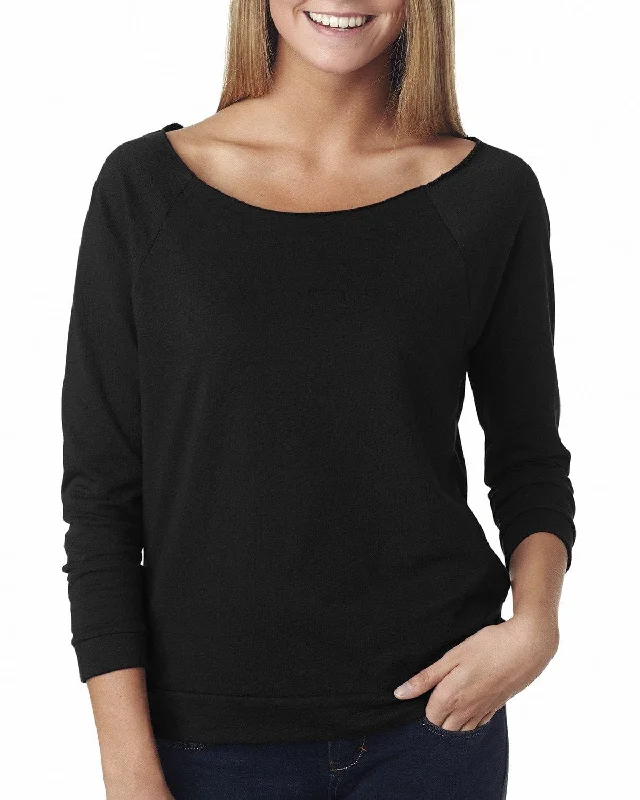 Next Level Ladies French Terry Raw-Edge 3/4-Sleeve Raglan Tee | Black