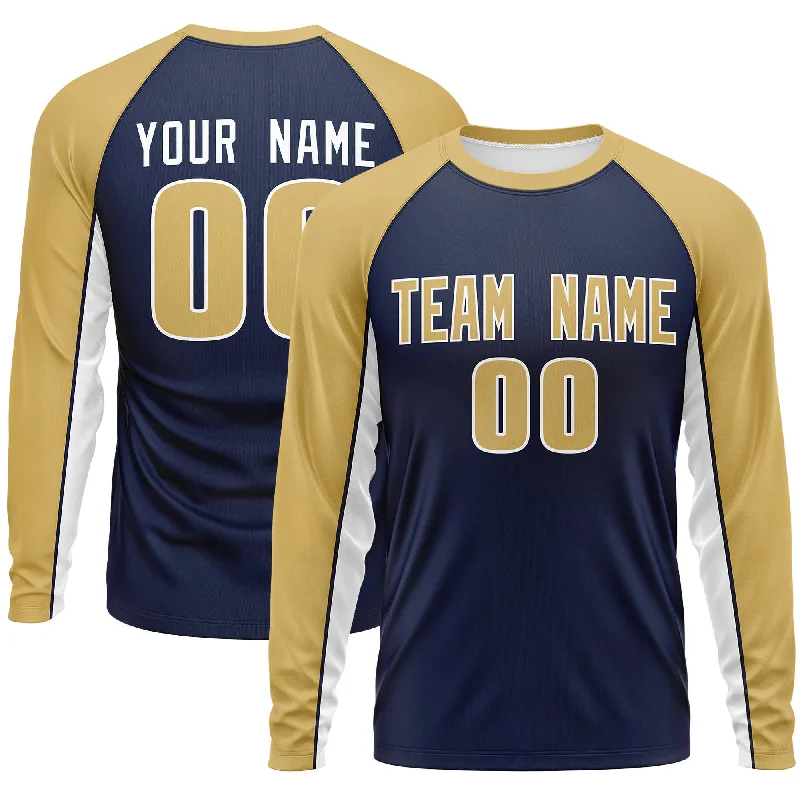 Custom Navy Old Gold Crew Neck Raglan Long Sleeve Performance T-Shirt