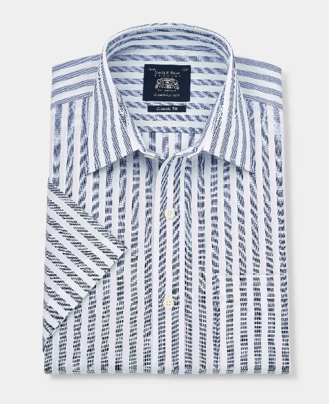 Navy White Classic Fit Short Sleeve Striped Shirt