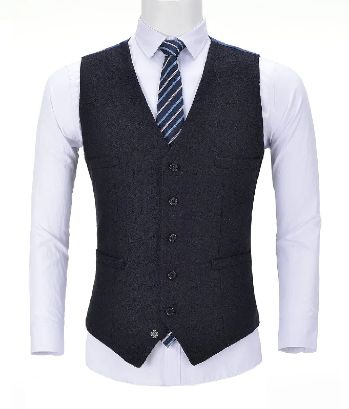 Formal Black Herringbone  V Neck Waistcoat