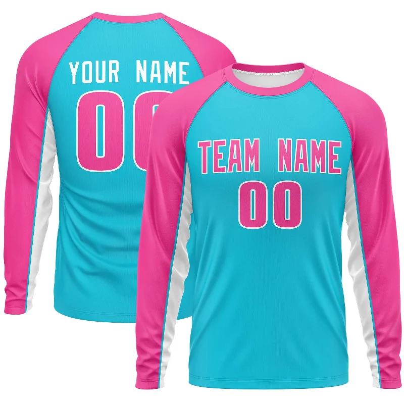 Custom Sky Blue Pink Crew Neck Raglan Long Sleeve Performance T-Shirt