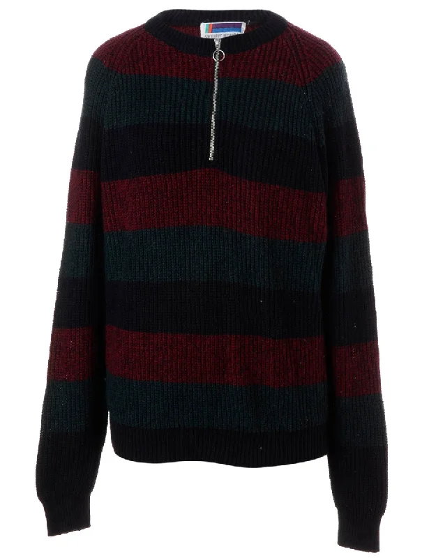 Label Striped Zip Front Knitted Jumper