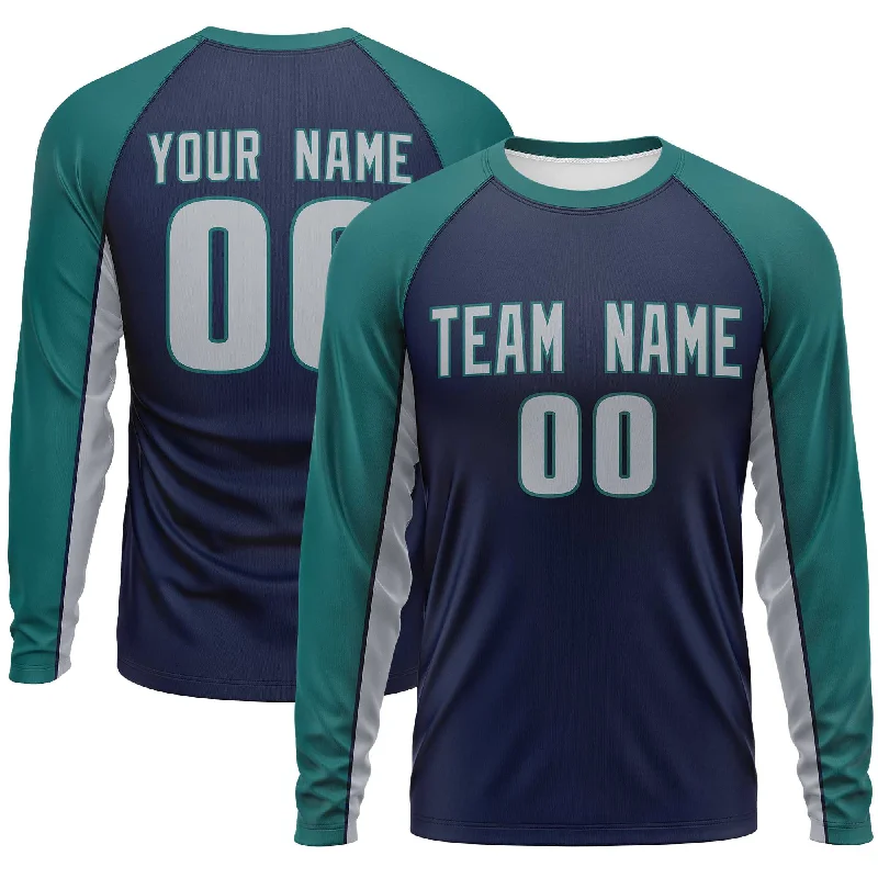 Custom Navy Aqua Crew Neck Raglan Long Sleeve Performance T-Shirt