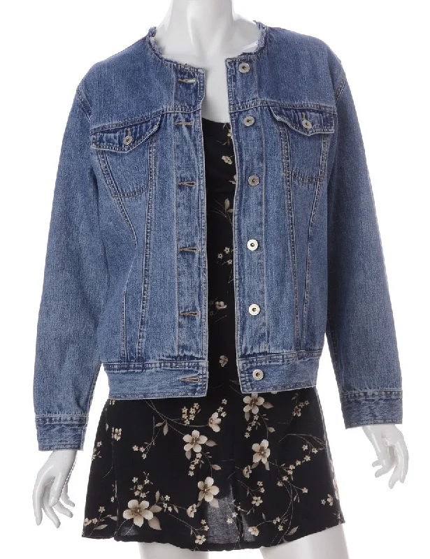 Label Stone Wash Collarless Denim Jacket