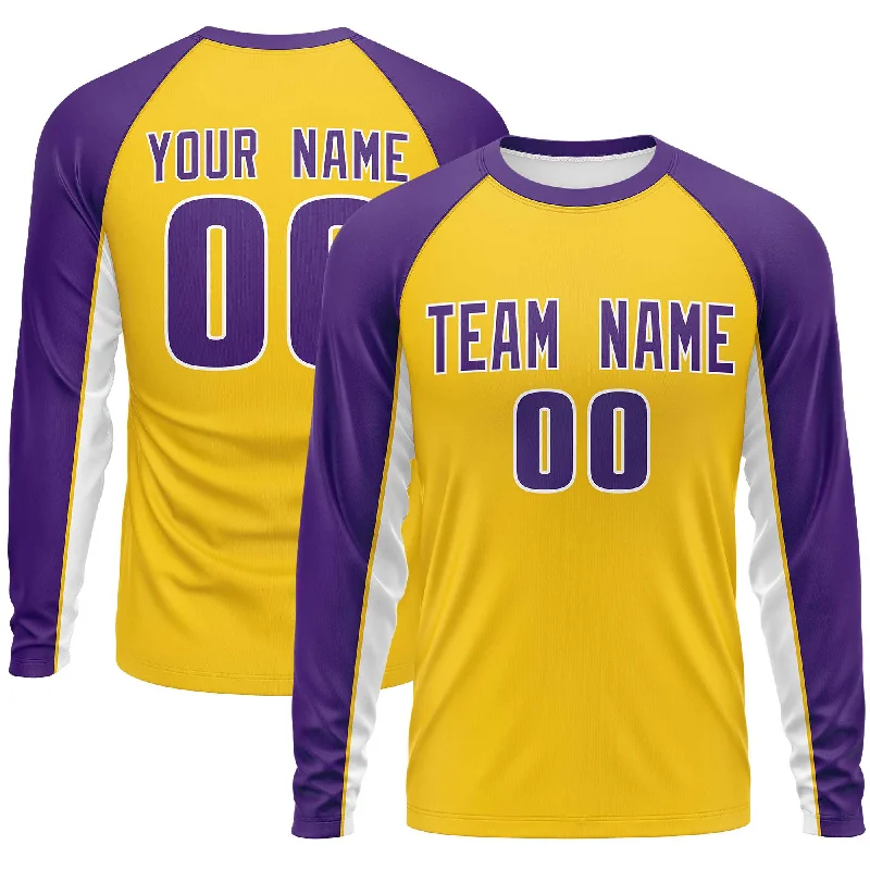 Custom Gold Purple Crew Neck Raglan Long Sleeve Performance T-Shirt