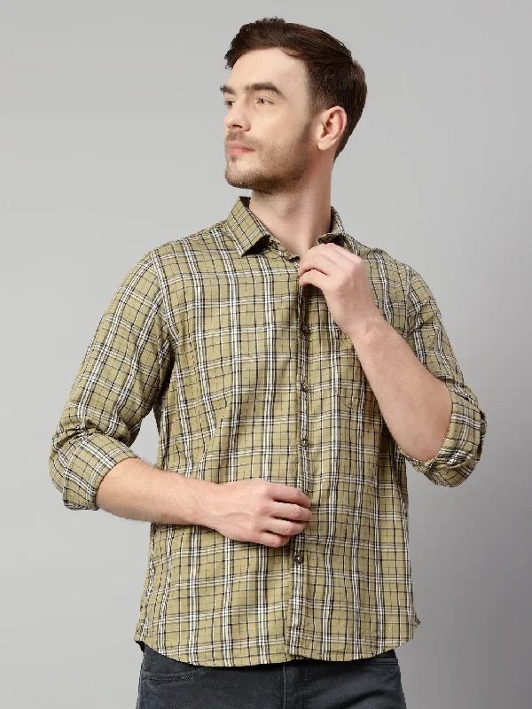 Men's Light Olive Green Casual Medium Checks Full Sleeve Shirt