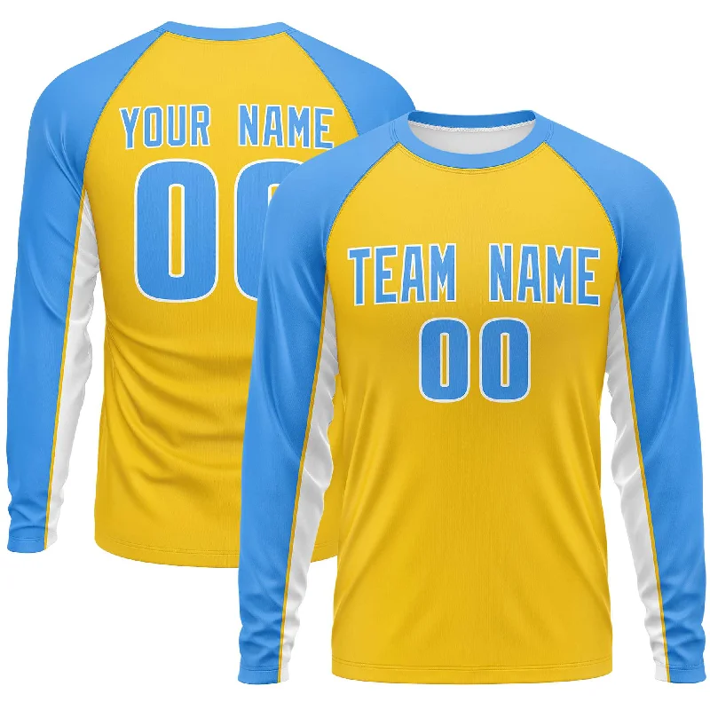 Custom Gold Powder Blue Crew Neck Raglan Long Sleeve Performance T-Shirt