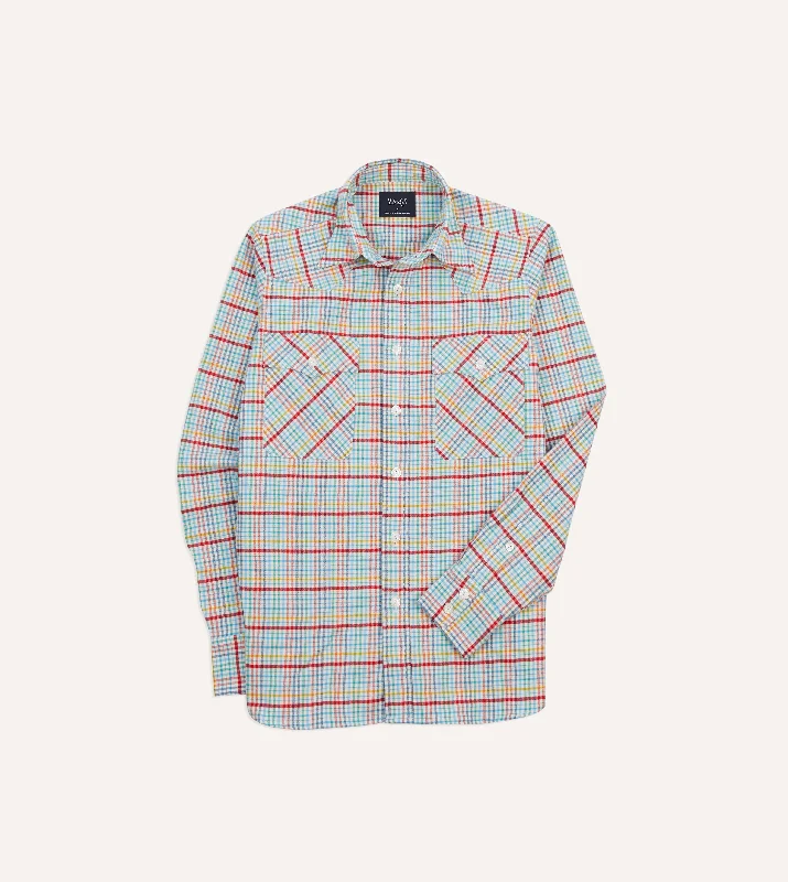 Light Blue Check Brushed Cotton Two-Pocket Western Shirt