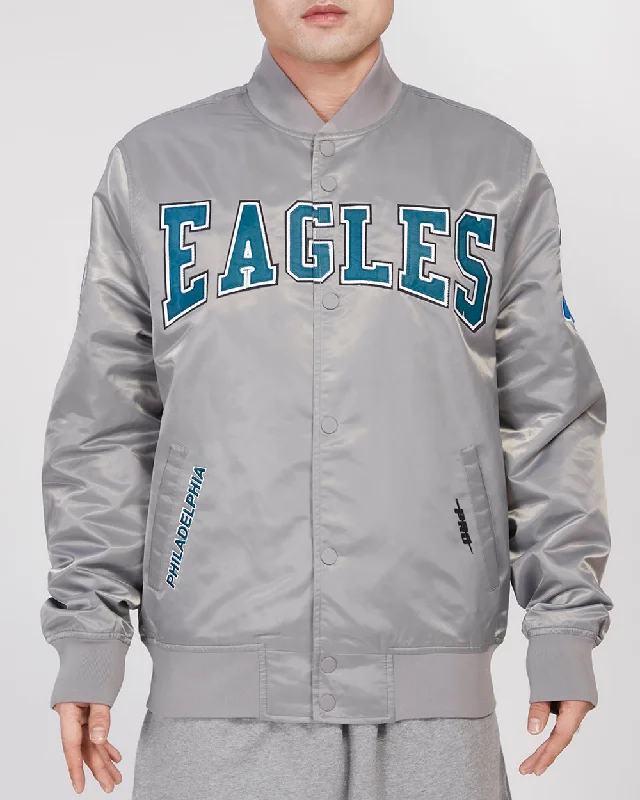 NFL PHILADELPHIA EAGLES CREST EMBLEM MEN'S SATIN JACKET (GRAY)