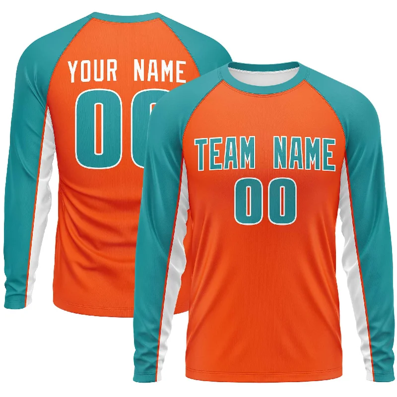 Custom Orange Aqua Crew Neck Raglan Long Sleeve Performance T-Shirt