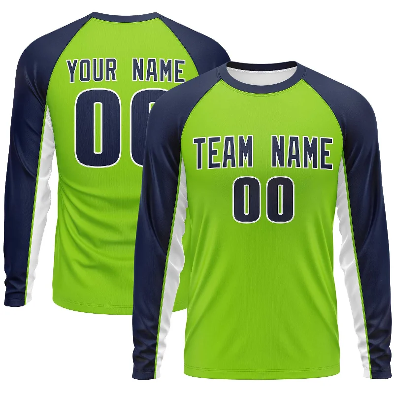 Custom Neon Green Navy Crew Neck Raglan Long Sleeve Performance T-Shirt