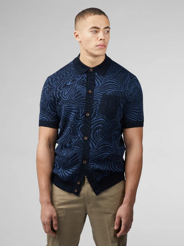 B by Ben Sherman Swirl Jacquard Button Through Polo - Dark Navy