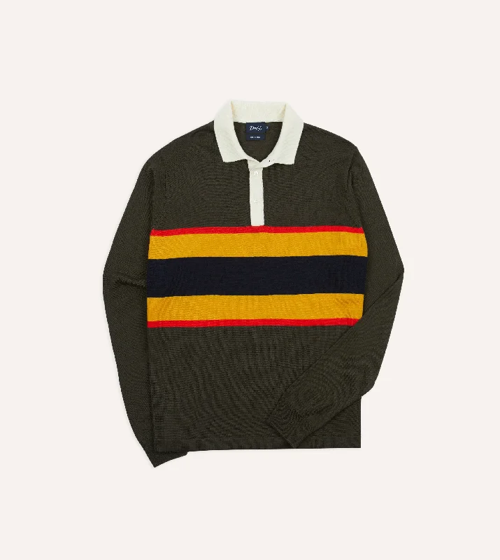 Olive Centre Stripe Wool Knitted Rugby Shirt