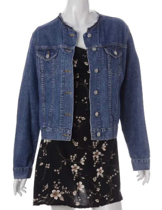 Label Stone Wash Collarless Denim Jacket