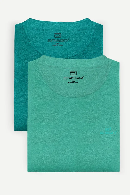 Round Neck - Light Green and Teal Green Solid T-Shirt Pack Of 2 Combo For Men | Ariser