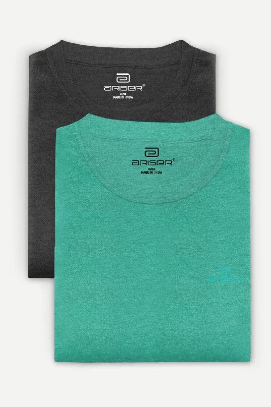 Round Neck - Charcoal Melange and Light Green Solid T-Shirt Pack Of 2 Combo For Men | Ariser