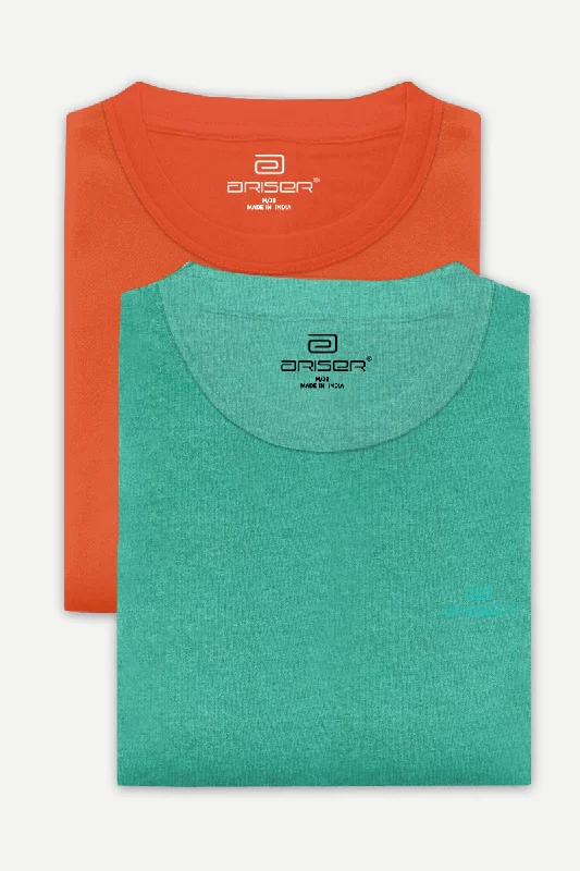 Round Neck - Orange and Light Green Solid T-Shirt Pack Of 2 Combo For Men | Ariser