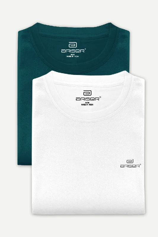 Round Neck - Dark Green and White Solid T-Shirt Pack Of 2 Combo For Men | Ariser