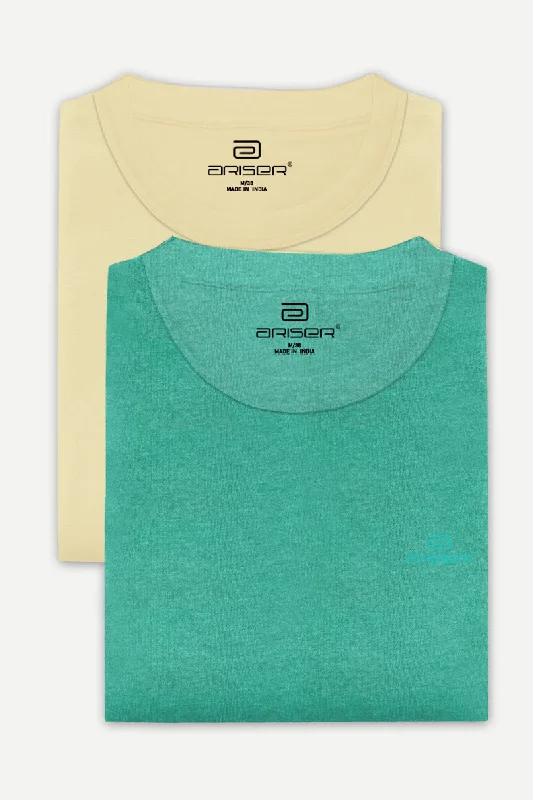 Round Neck - Coral Peach and Light Green Solid T-Shirt Pack Of 2 Combo For Men | Ariser