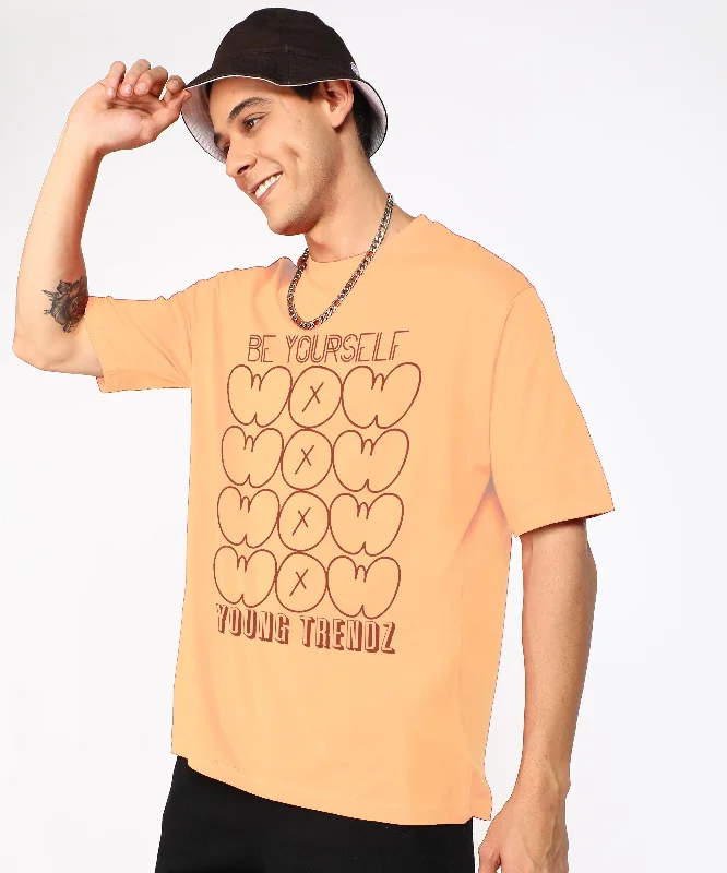 Oversized Typography Men Round Neck T-Shirt (Peach)