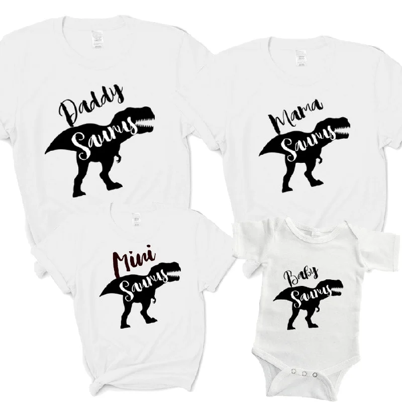 T-Rex Daddy, Mama, Mini & Baby Saurus Matching White T-Shirts/Bodysuit