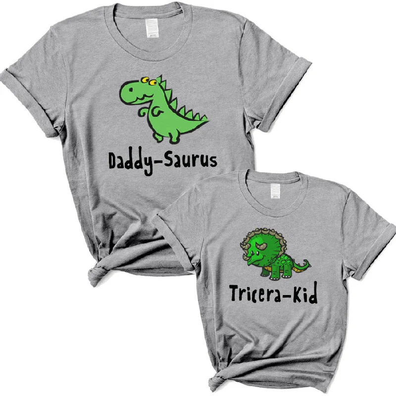 Daddy-saurus & Tricera-kid Cartoon Matching Grey T-Shirts