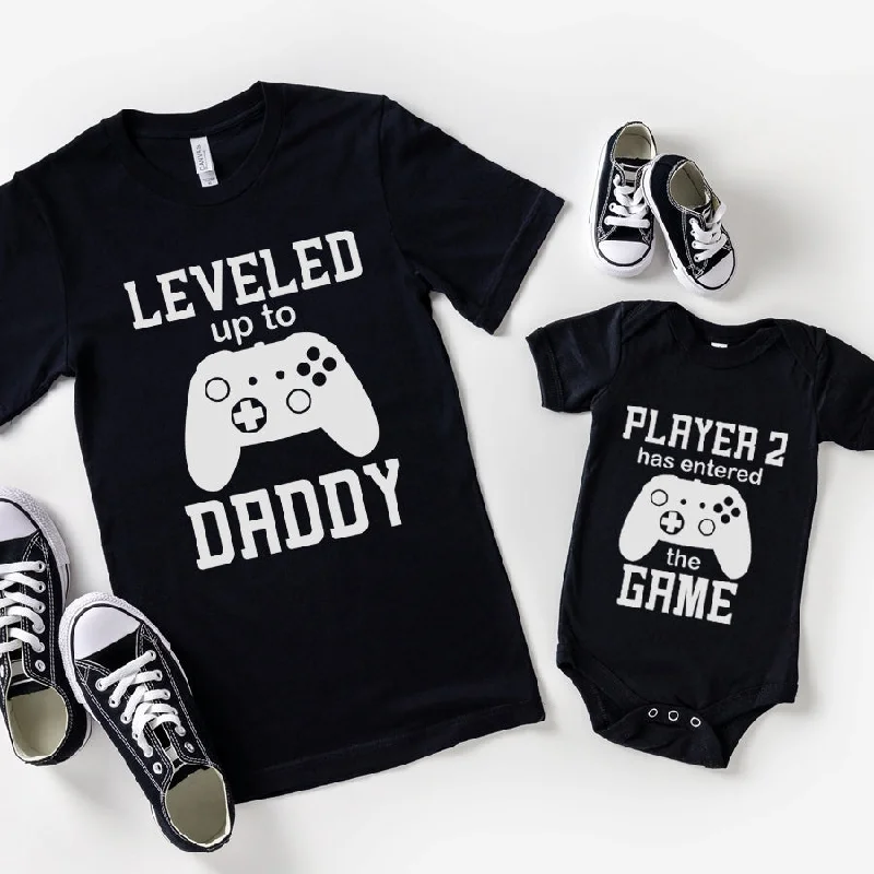 Leveled Up Daddy/Player 2 Matching Black Tees & Baby Vest