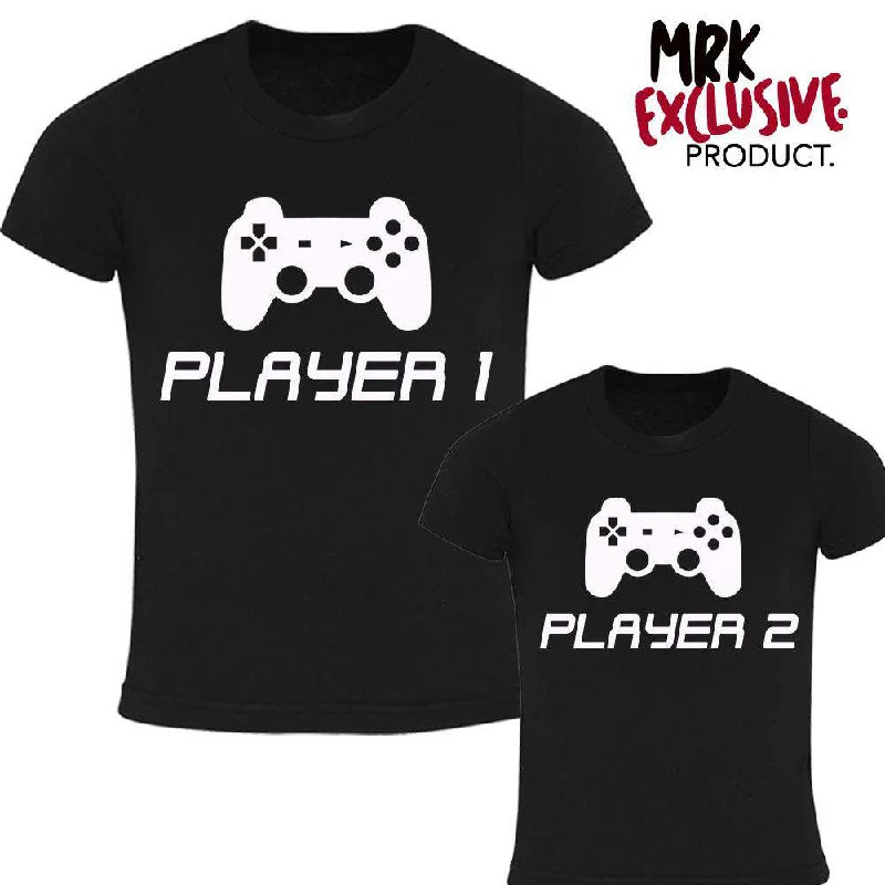 Matching Dad & Kid Black Player 1 & 2 Tees (MRK X)