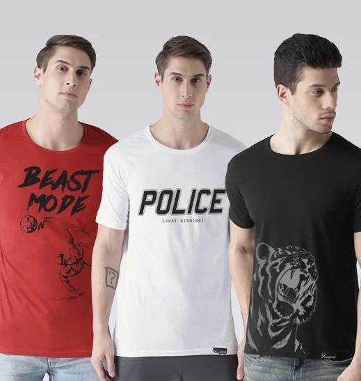 Young Trendz Mens Combo Beast Red Color Police White Color and Tiger Black Color Half Sleeve Printed T-Shirts