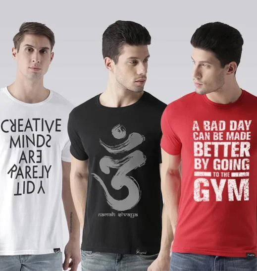 Young Trendz Mens Combo Creative White Color OMM Black Color and Gym Red Color Half Sleeve Printed T-Shirts