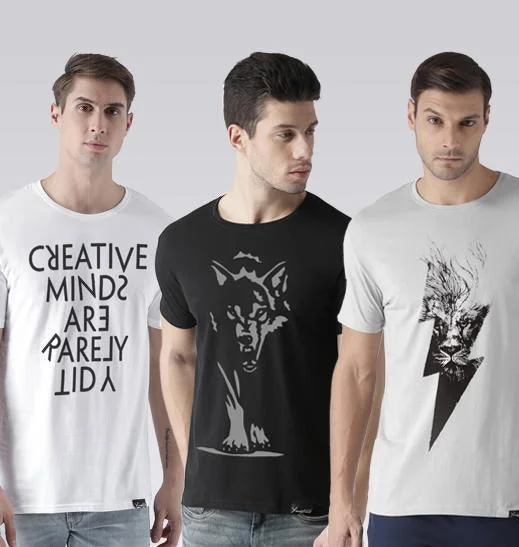 Young Trendz Mens Combo Creative White Color Wolf Black Color and Linewolf Steel Grey Color Half Sleeve Printed T-Shirts