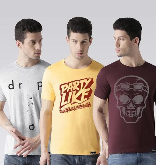 Young Trendz Mens Combo Drop Grey Color Partyb Yellow Color and Skull Maroon Color Half Sleeve Printed T-Shirts