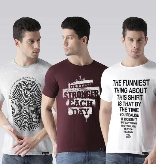 Young Trendz Mens Combo Finger Grey Color Strong Maroon Color and Funny White Color Half Sleeve Printed T-Shirts