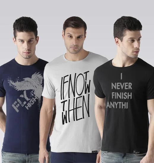 Young Trendz Mens Combo Fly Navy Color Ifnot Steel Grey Color and Finish Black Color Half Sleeve Printed T-Shirts